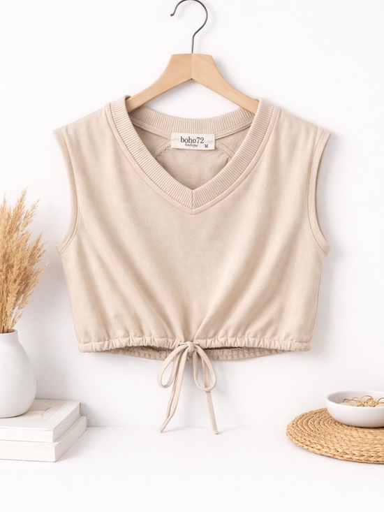 boutique 72 Tops - Boho72 Beige V-Neck Drawstring Cropped Tank (197)
